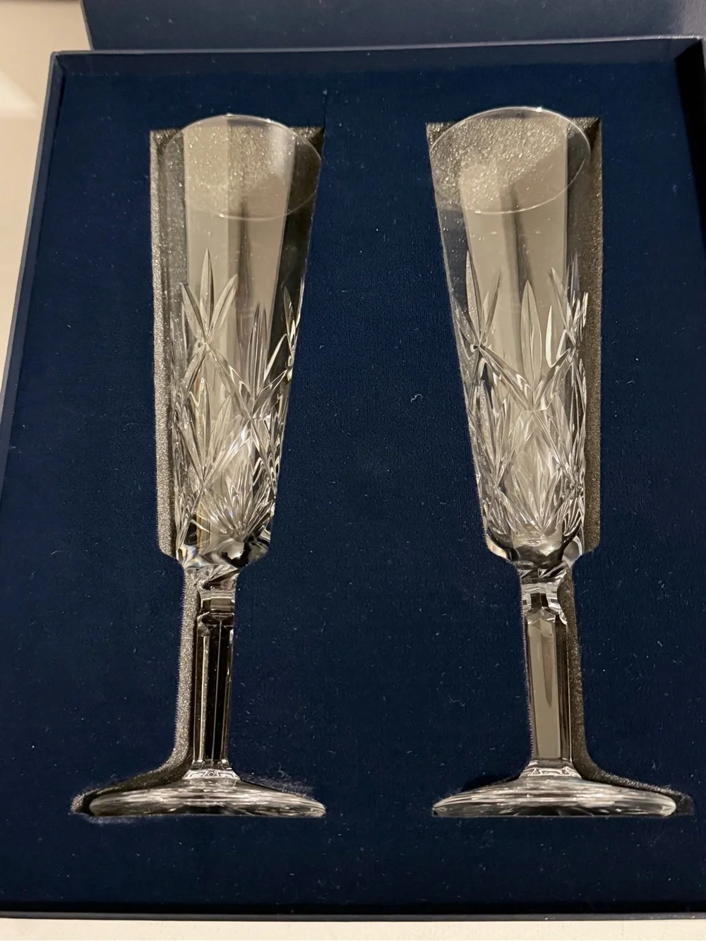 Tiffany & Co. Clear Crystal Cut Champagne Flutes with Navy Presentation Box